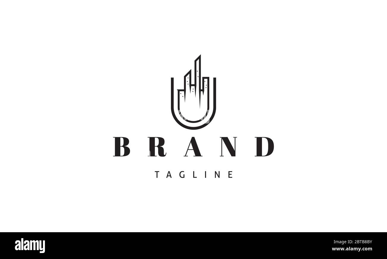 Logo vectoriel sur lequel figure une image abstraite de la lettre U, au centre de laquelle figure la silhouette de la ville. Illustration de Vecteur