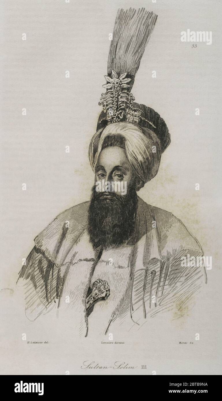 Selim III (1761-1808). Sultan ottoman de 1789 à 1807. Gravure par Lemaitre, Lalaisse et Moret. Historia de Turquia de Joseph Marie Jouannin (1783-1844) et Jules Van Gaver, 1840. Banque D'Images