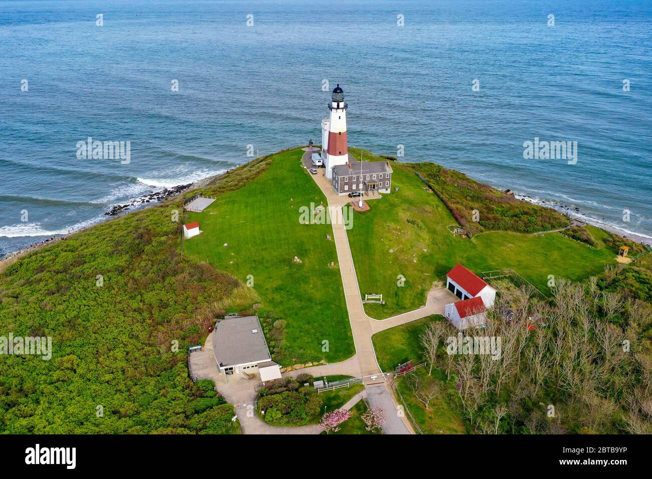 Vue aérienne du phare de Montauk et de la plage de long Island, New York, États-Unis. Banque D'Images