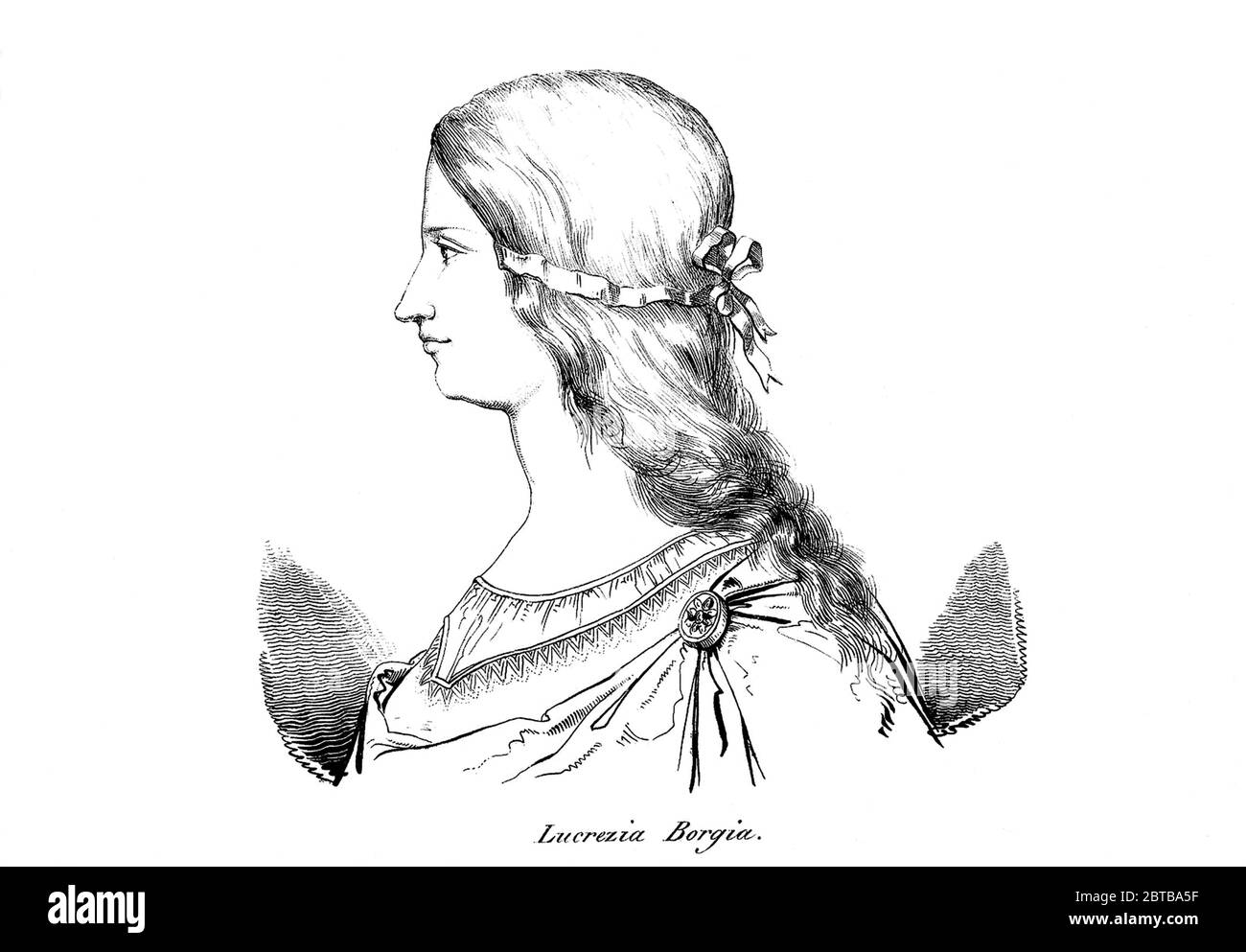 1500 CA, ROMA , ITALIE : la LUCREZIA BORGIA italienne ( 1480 - 1519 ), sœur du prince Cesare Borgia ( il Valentino ) et fille du pape Alessandro VI Borgia . Lucrezia se maria 3 fois : Giovanni SFORZA , Alfonso d'ARAGONA et Alfonso d'ESTE (à Ferrara, 1501 ). Portrait par graveur inconnu après le portrait original de Léonard de Vinci, pubblié dans le magazine italien MAGAZZINO PITORICO UNIVERSALE, 1837 . - ITALIA - NOBLESSE - NOBILI - Nobiltà ITALIANA - FOTO STORICHE - PHOTOS D'HISTOIRE - incisione - gravure - illustrazione - illustration - profil - profilo -- Archivio GBB Banque D'Images