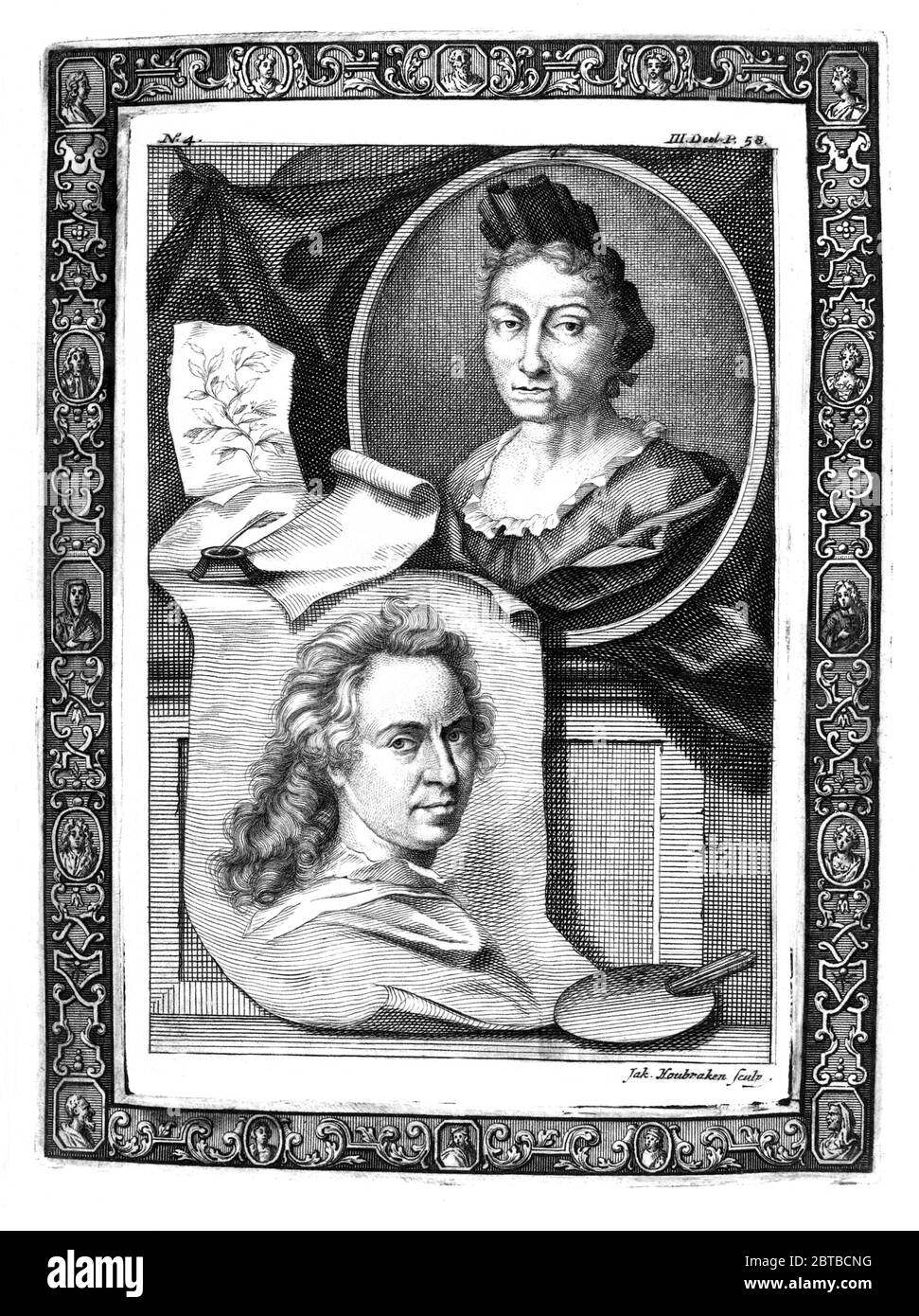 1729, ALLEMAGNE : la naturaliste allemande femme peintre , illustratrice scientifique et biologiste MARIA SIBYLLA MERIAN ( 1647 - 1717 ). Le père de Sybylla était le graveur et pubbliher suisse Mattäus Merian ( Matthew , 1593 - 1650 ) l'aîné . Portrait de Jacobus Houbraken ( 1698 - 1780 ), d'après Georg Gsell, avec le portrait (ci-dessous) du peintre portraitiste néerlandais David van der Plas ( 1647 - 1704 ). - SYBILLA - HISTOIRE - foto storica storiche - portrait - ritratto - NATURALISTA - NATURALISTE - SCIENZA - SCIENCE - BIOLOGIE - BIOLOGIA - illustratrice - illustrateur - illustrateur - femme peintre - pittrice Banque D'Images