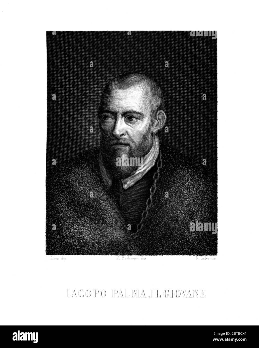 1600 CA , ITALIE : le célèbre peintre italien de la Renaissance JACOPO PALMA il Giovane ( 1544 - 1628 ). Portrait gravé par E. Salvi de A. Becheroni, après l'autoportrait original de Palma il Giovane à Galleria degli Uffizi , Firenze . Son oncle était le célèbre peintre Jacopo Palma il Vecchio ( 1480 CA – 1528 ) né Jacomo Nigretti de Lavalle . - Giacomo Palma le Jeune - IACOPO - The Elder - PORTRAIT - RITRATTO - ARTE - ARTS VISUELS - ARTI VISIVE - PITTORE - gravure - incisione - illustration - illustrateur - RINASCIMENTO - barbe - barba - AUTORITRATTO --- ARCHIVIO GBB Banque D'Images