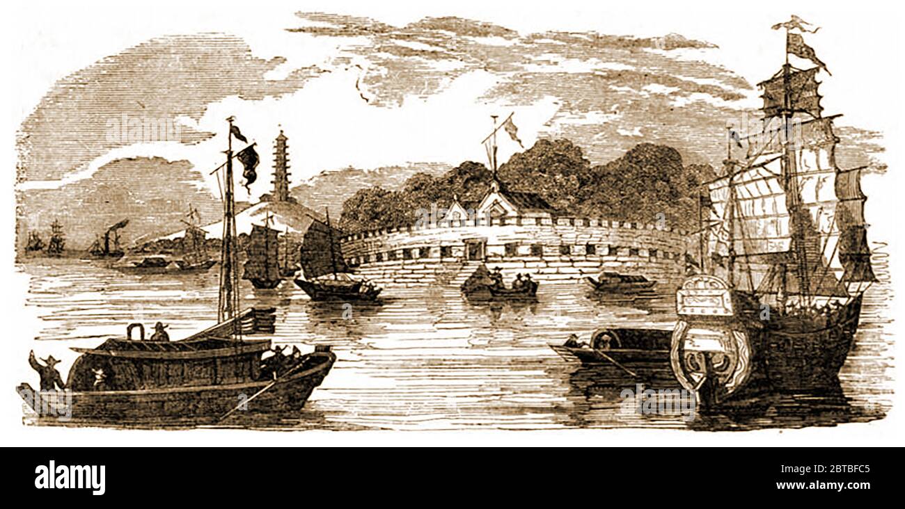 Une ancienne gravure de Hong Kong depuis le front de mer en 1842, montrant ses défenses militaires. L'île de Hong Kong a été occupée pour la première fois le 20 janvier 1841 par la Marine britannique sous le commandement de Sir Edward Belcher, à bord du HMS Sulphur. L'île de Hong Kong a été cédée à la Grande-Bretagne en 1842 en vertu du Traité de Nanking, et le territoire est devenu une colonie de la Couronne Banque D'Images