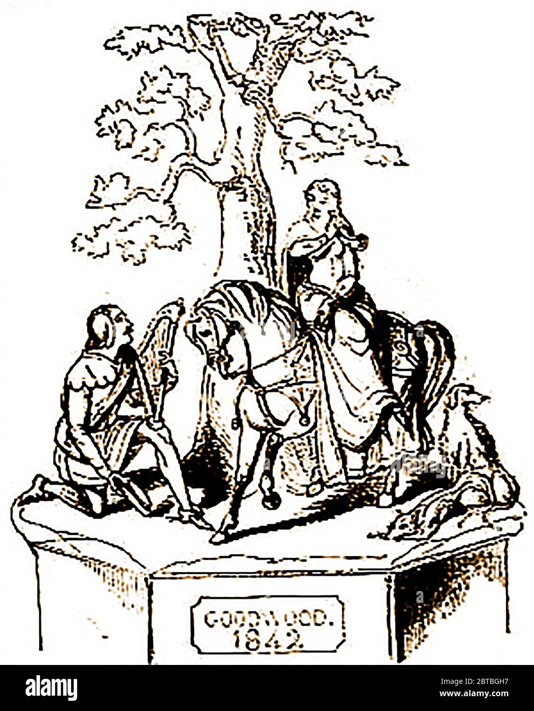 Une rare gravure du dessin de 1842 de la coupe Chesterfield avec Thomas le Rhymer d'Erelidoune et la Reine de Fairyland (conçu par M. Cotterill et fabriqué en argent par Garrards). Au moment de la sortie des dessins, il fallait encore confirmer la coupe qui serait attribuée pour quelle course et le nom qui lui était donné. Banque D'Images