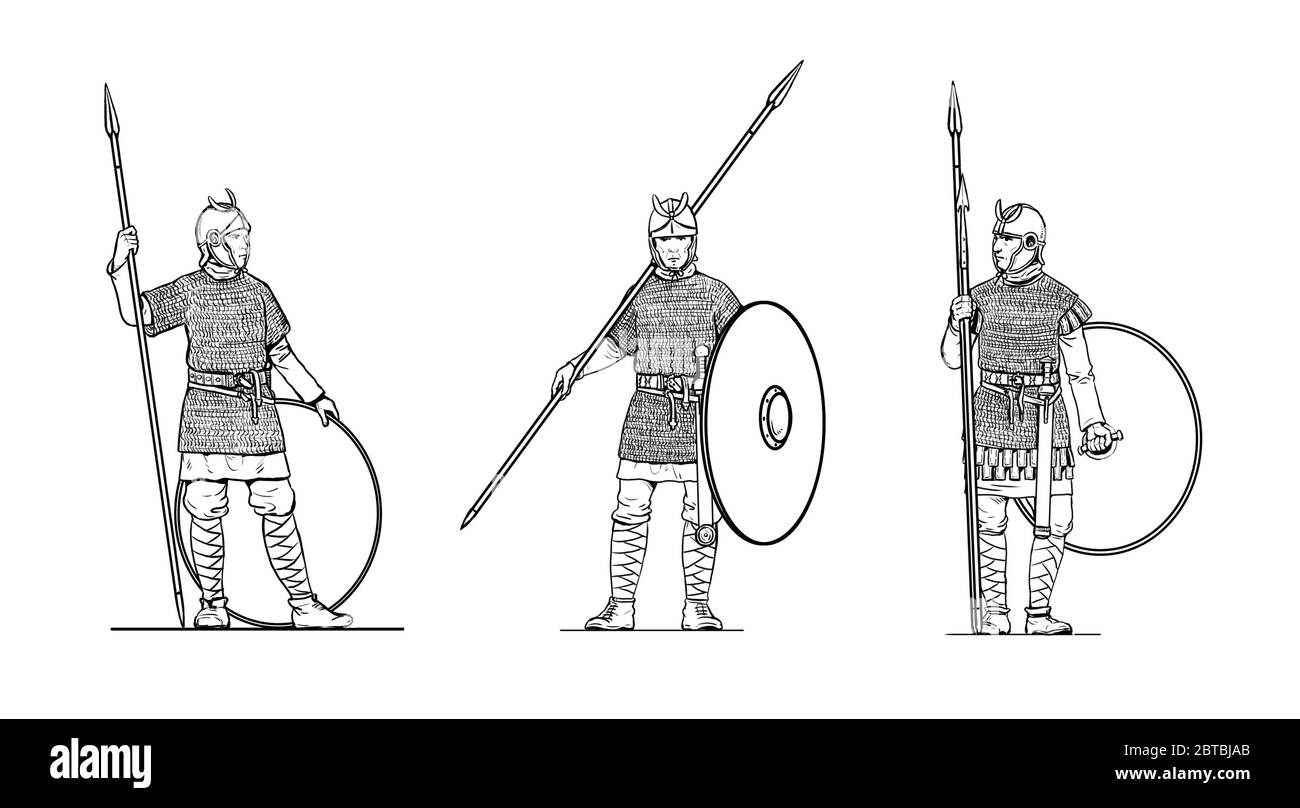 Soldats romains avant la bataille. Ensemble de 3 guerriers. Dessin de contour. Banque D'Images