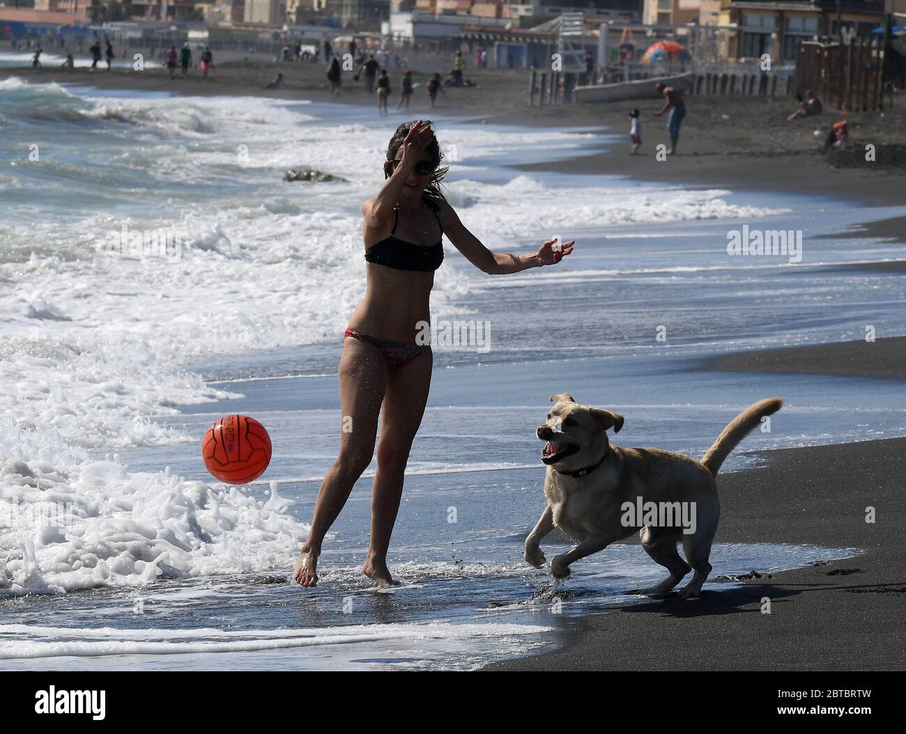 (200524) -- LADISPOLI (ITALIE), 24 mai 2020 (Xinhua) -- UNE femme joue avec son chien sur la plage de Ladispoli, près de Rome, Italie, 24 mai 2020. 50 autres patients de COVID-19 sont morts au cours des dernières 24 heures en Italie, portant le nombre de décès dans le pays à 32,785, sur un total de 229,858 cas d'infection, selon des chiffres récents de dimanche. Le nombre de reprises est passé à 140,479, soit une augmentation de 1,639 par rapport à samedi. (Xinhua) Banque D'Images