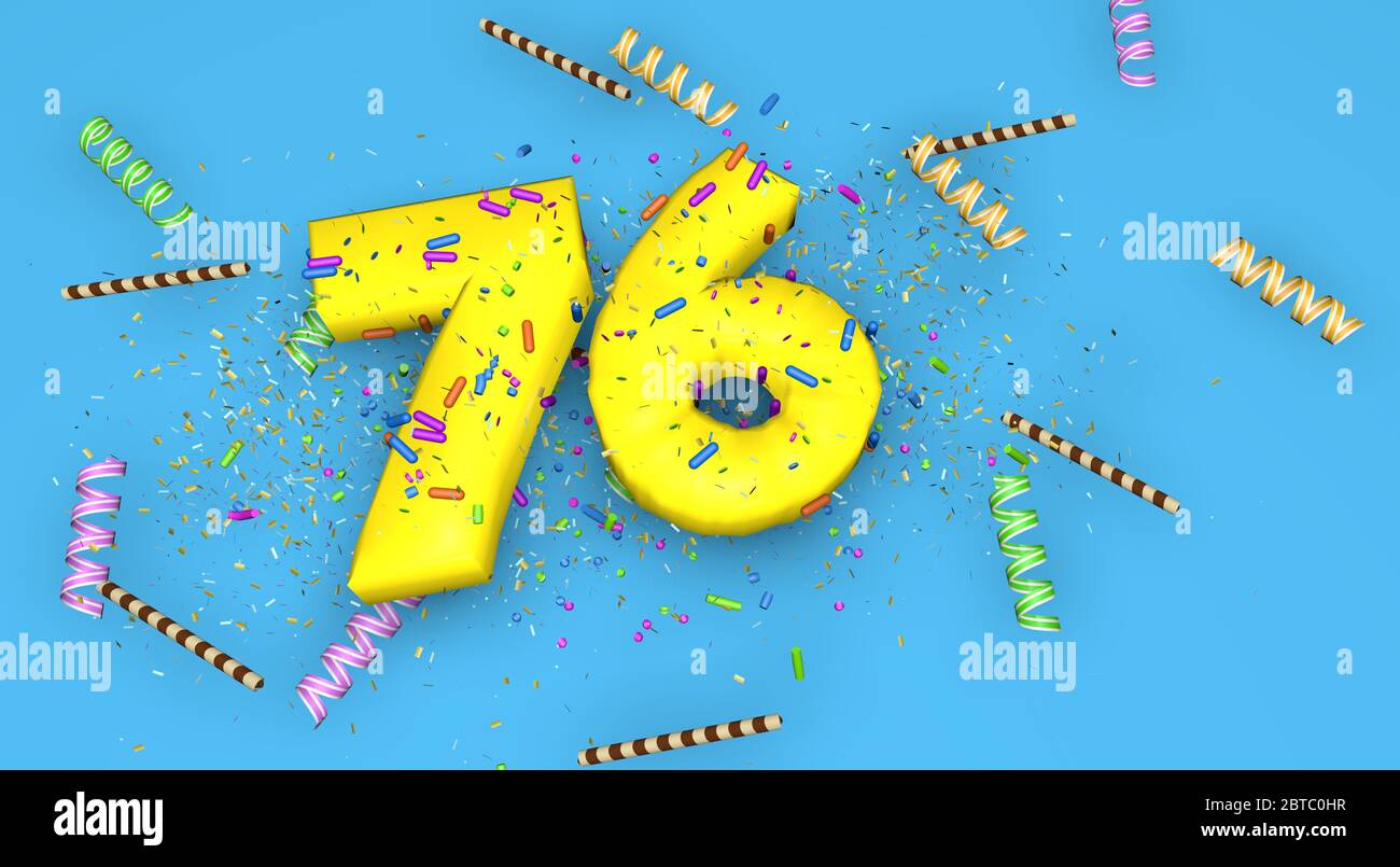 Numéro 76 pour l'anniversaire, anniversaire ou promotion, en lettres jaunes épaisses sur fond bleu décorées de bonbons, de banderoles, de pailles au chocolat et Banque D'Images