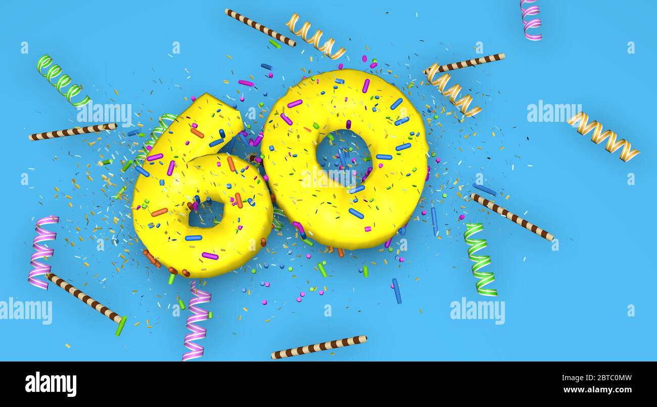 Numéro 60 pour l'anniversaire, anniversaire ou promotion, en lettres jaunes épaisses sur fond bleu décorées de bonbons, de banderoles, de pailles au chocolat et Banque D'Images