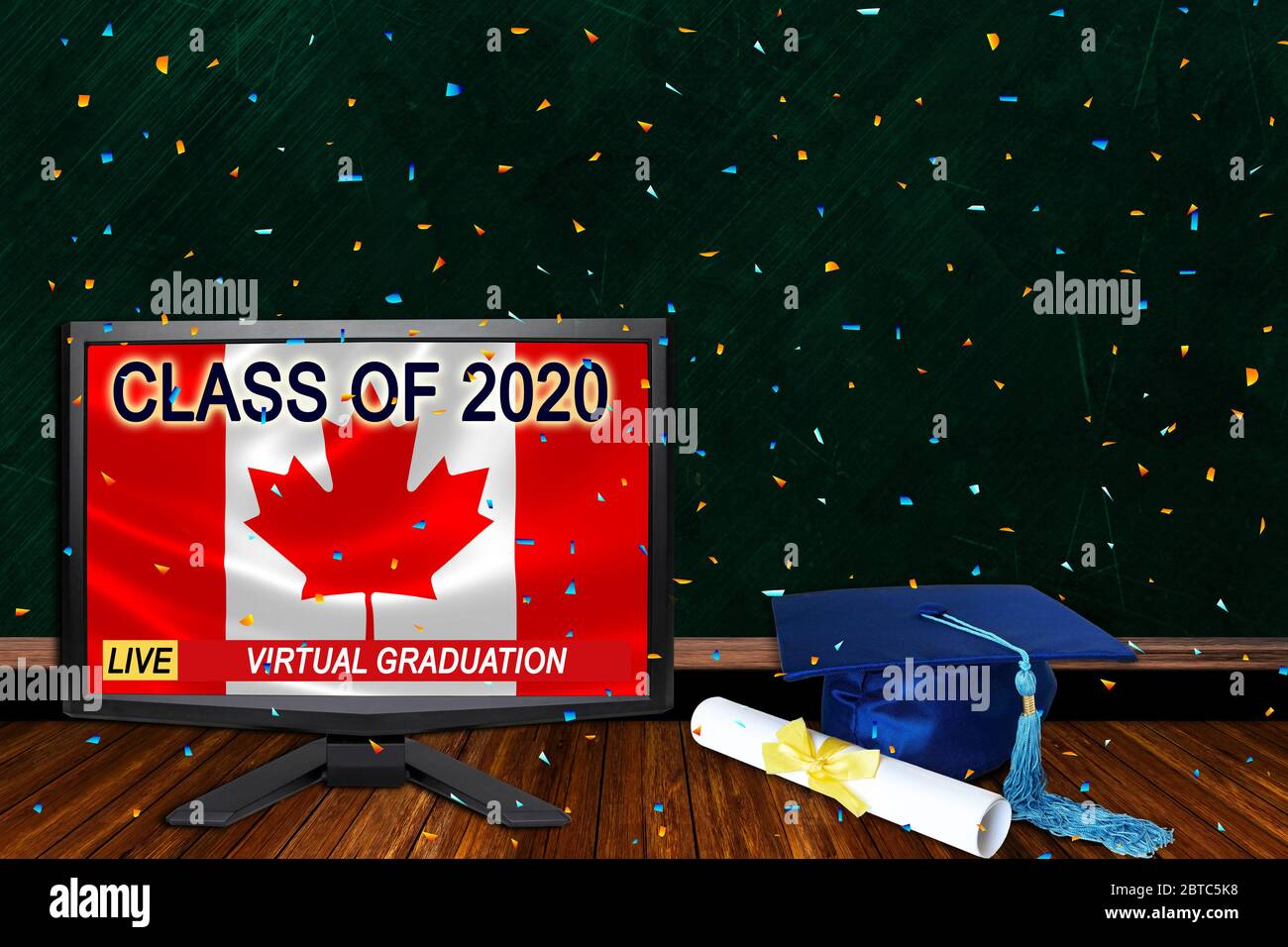 Cérémonie de remise des diplômes virtuelle de la classe 2020 du Canada concept pour les aînés du secondaire ou du collège et les diplômés universitaires en raison du coronavirus Covid-19. Li Banque D'Images
