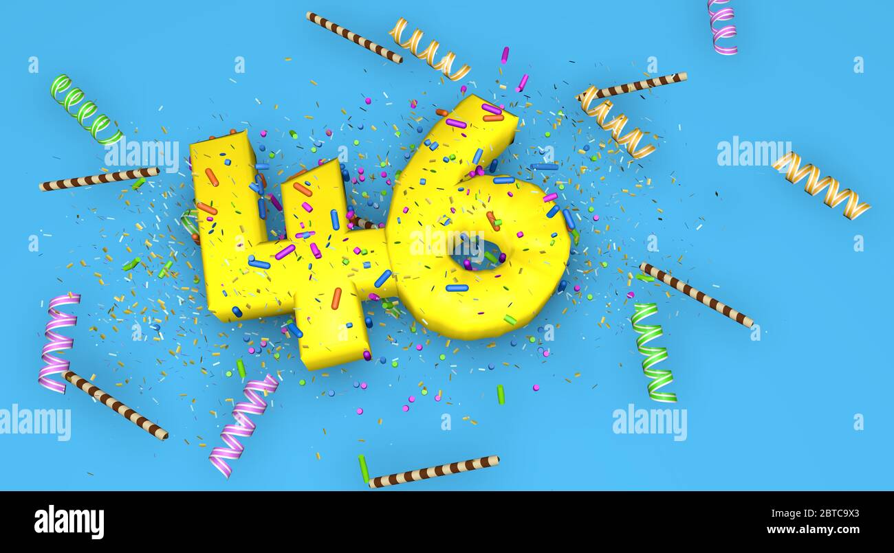 Numéro 46 pour l'anniversaire, anniversaire ou promotion, en lettres jaunes épaisses sur fond bleu décorées de bonbons, de banderoles, de pailles au chocolat et Banque D'Images