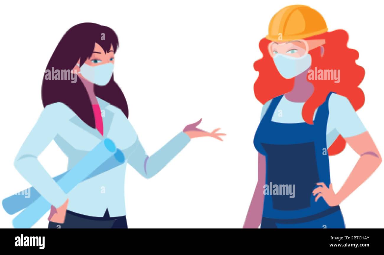 femmes industrielles travailleurs avec masques de visage dessin vectoriel Illustration de Vecteur