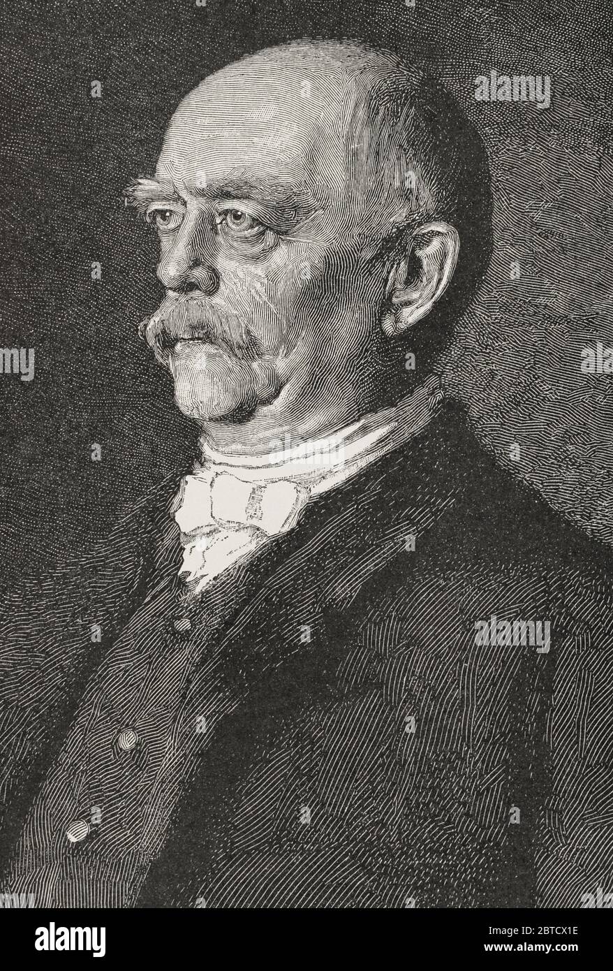 Otto von Bismarck (1815-1898). Estadista y político alemán. Artífice de la unificación alemana. El Príncipe de Bismarck, Presidente Honorario de la Conferencia de Berlín, celeada entre el 15 de noviembre de 1884 y el 26 de febrero de 1885. Grabado. El Congo y la Creación del Estado Independiente de este nombre. Historia de los Trabajos y Exploraciones Verificados, por Enrique M. Stanley. Editada en Barcelona, hacia 1890. Espagne. Banque D'Images