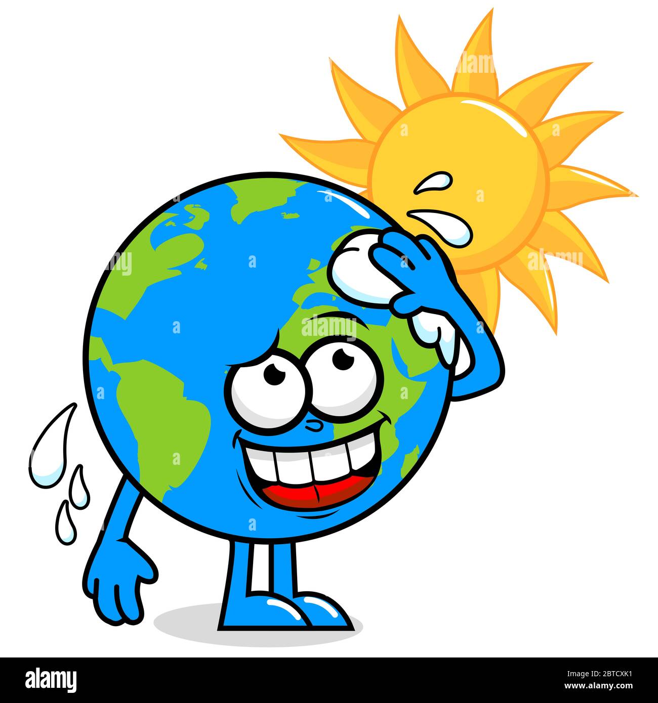 Personnage de la planète Terre de dessin animé devant un soleil brûlant essuyant la sueur et se réchauffant. Planète Terre se réchauffe pendant la saison estivale. Banque D'Images