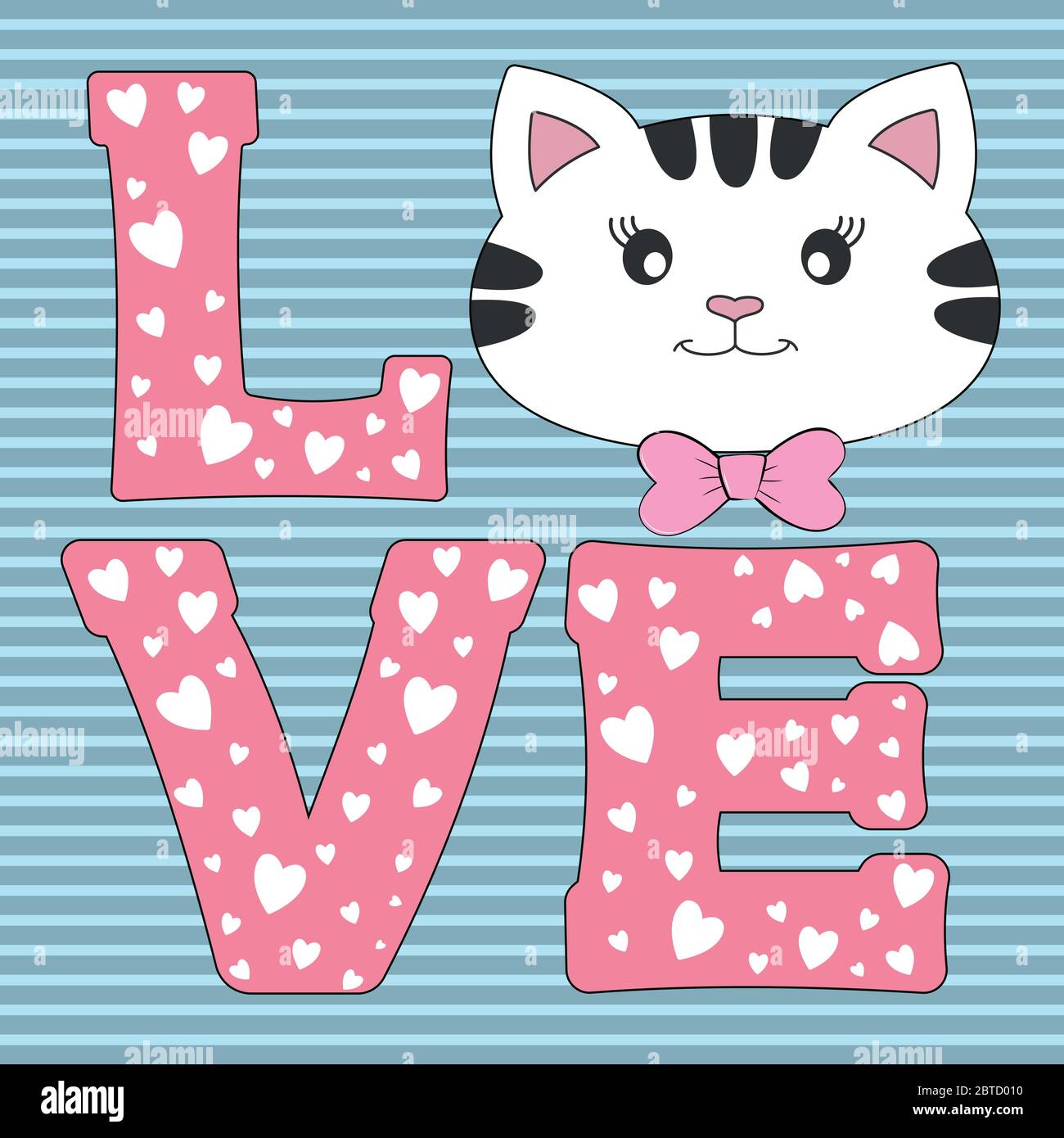 Texte love avec le visage d'un joli petit chat de dessin animé. Illustration de Vecteur