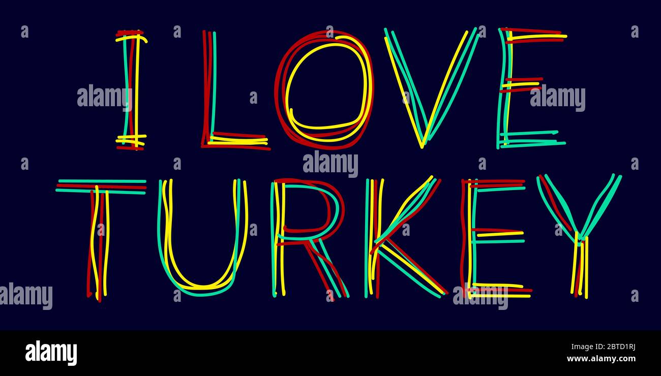 I Love Turkey - vecteur de stock, fait de lignes courbes multicolores comme un stylo feutre ou un stylo à écrire. Rouge, vert, jaune. Dinde Doodle Illustration de Vecteur