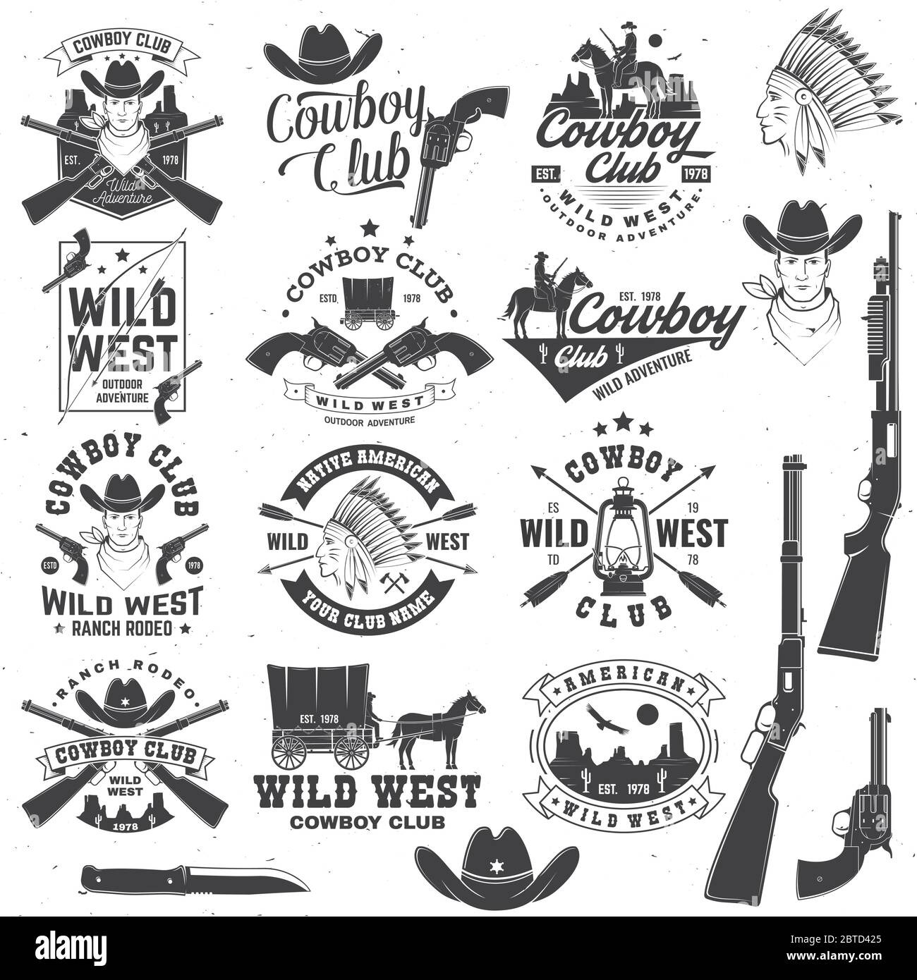 Ensemble de badges de club de cow-boy. Rodéo Ranch. Illustration vectorielle. Concept pour chemise, logo, imprimé, timbre, tee-shirt avec cowboy et fusil de chasse. Motif typographique vintage avec silhouette de carabine sauvage de l'ouest et de l'ouest. Illustration de Vecteur