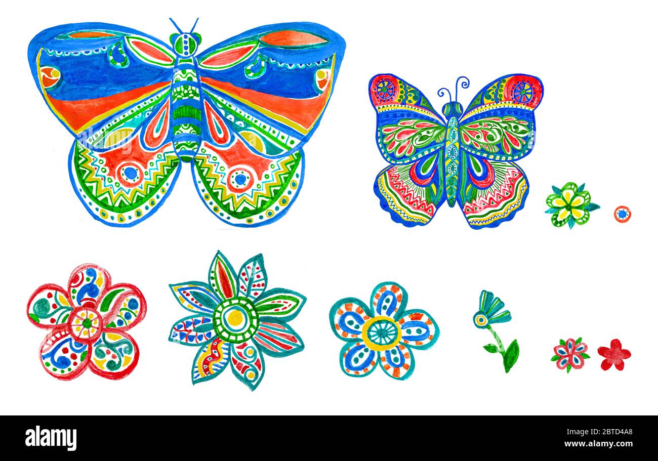 Ensemble de fleurs d'eau à motif papillons. Motif fleuri ornemental. Un motif artistique coloré fait main comme illustration pour enfant pour le tissu. Banque D'Images