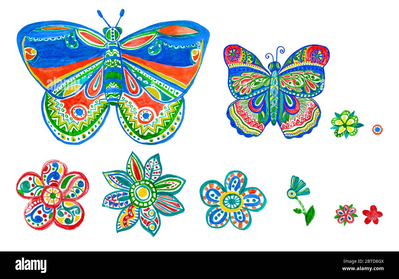 Ensemble de fleurs d'eau à motif papillons. Motif fleuri ornemental. Un motif artistique coloré fait main comme illustration pour enfant pour le tissu. Banque D'Images