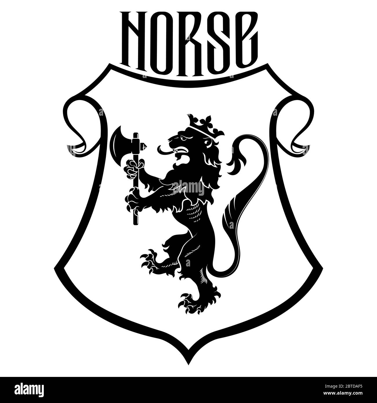 Lion royal héraldique vintage avec une hache et un bouclier héraldique. Armoiries, heraldry, emblème, symbole Illustration de Vecteur