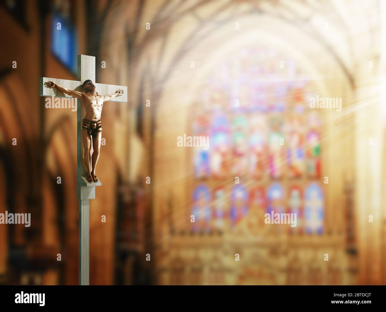 Crucifix, Jésus sur la croix dans l'église avec rayon de lumière du vitrail. rendu 3d Banque D'Images
