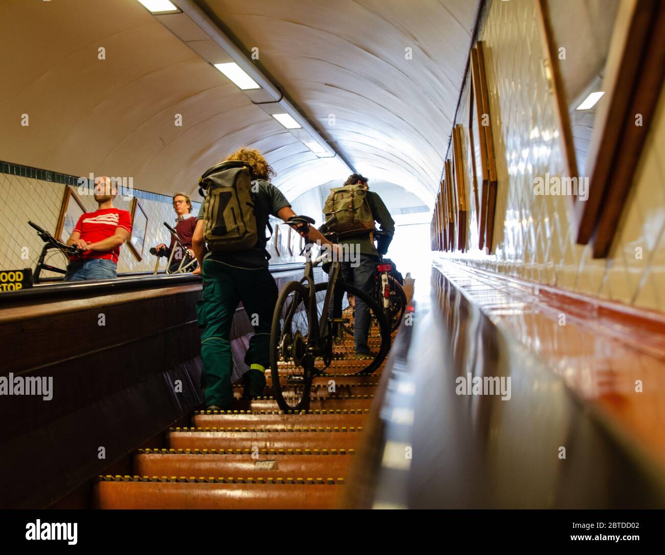 Anvers, Flandre, Belgique. Août 2019. Les escaliers roulants en bois qui conduisent les piétons et les cyclistes au long tunnel souterrain, appelé annatunnel, W Banque D'Images