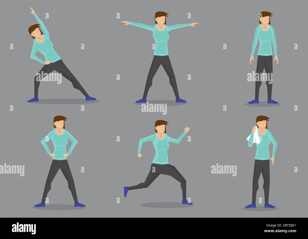Ensemble de six illustrations vectorielles de femme sportive en survêtement sportif faisant de l'entraînement isolé sur fond gris. Illustration de Vecteur