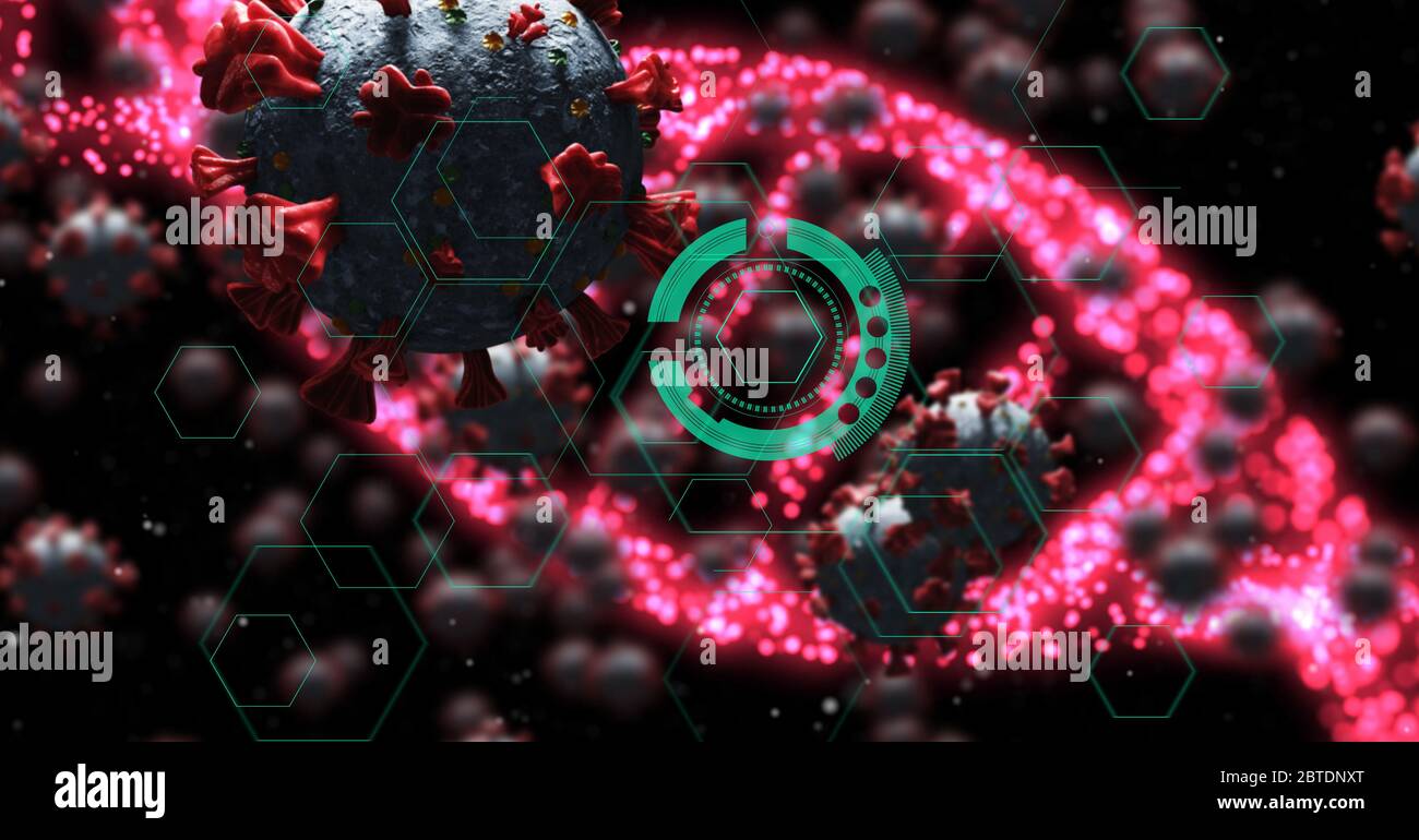 Balayage de la souche d'ADN rose néon avec des cellules Covid19 du coronavirus Banque D'Images