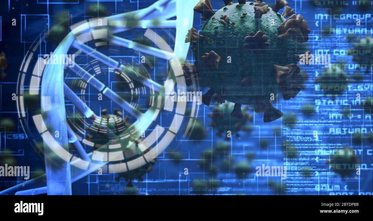 Cellules covid19 de macrocoronavirus avec traitement des données et analyse de la souche d'ADN sur fond bleu Banque D'Images