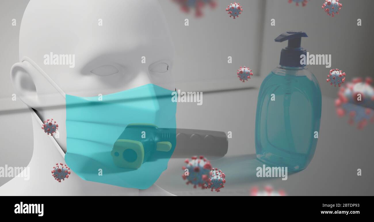 Macrocoronavirus covid19 cellules flottant avec 3D humain portant masque facial et gel et thermomètre gu Banque D'Images