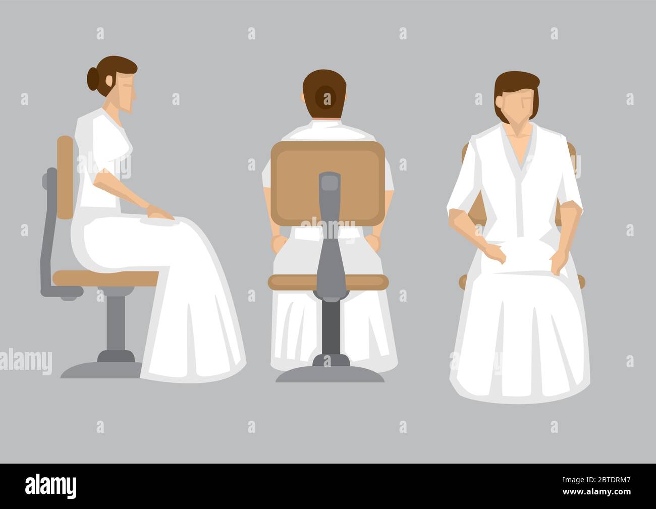 Élégante dame portant une longue robe blanche assise avec un dos droit sur une chaise pivotante à l'avant, côté et arrière. Illustration vectorielle de la bande dessinée chara Illustration de Vecteur