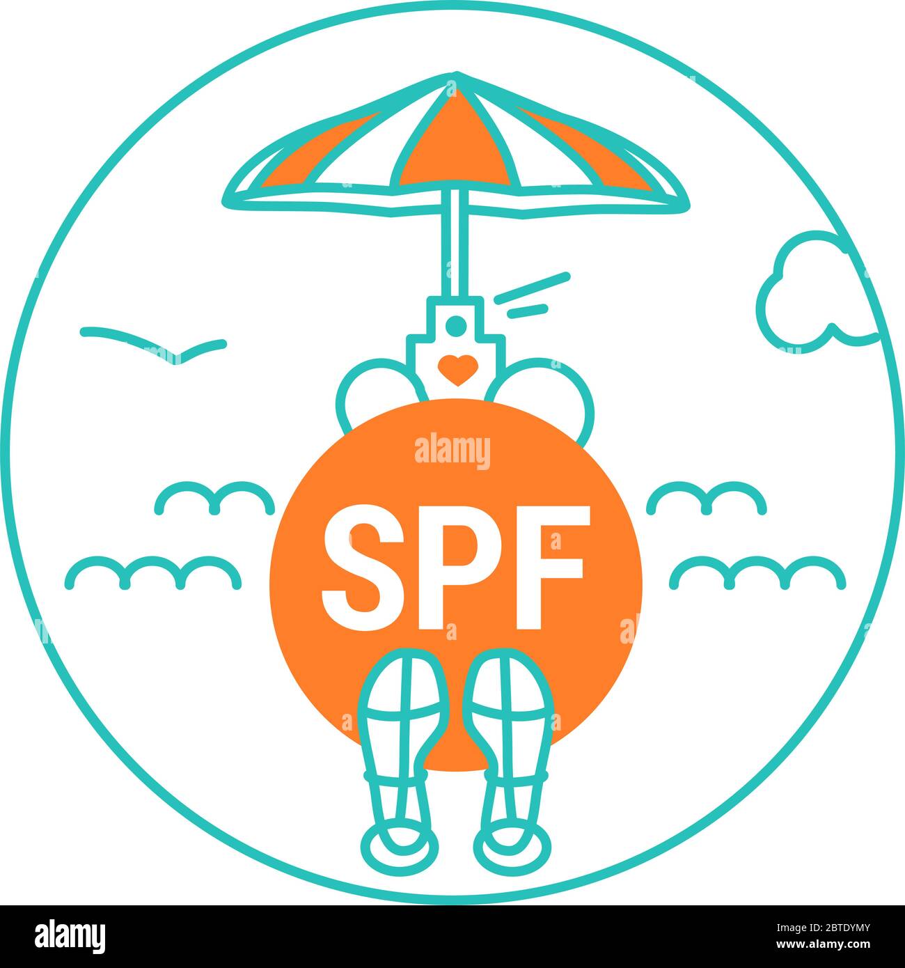 Icône, logo, badge avec mot SPF, protéger du soleil, lumière du soleil. Vacances d'été Illustration, crème solaire, lotion, huile, parapluie orange, sandales Illustration de Vecteur