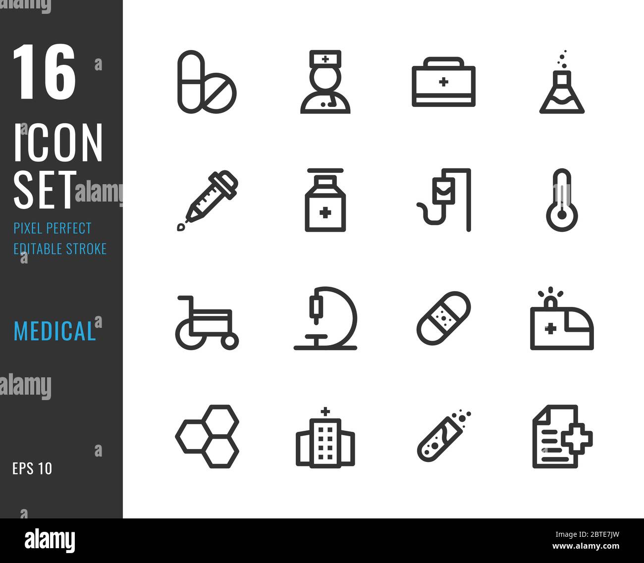 Ensemble de 16 icônes médical de style ligne mince. Contour modifiable. Pixel parfait. Illustration vectorielle Illustration de Vecteur