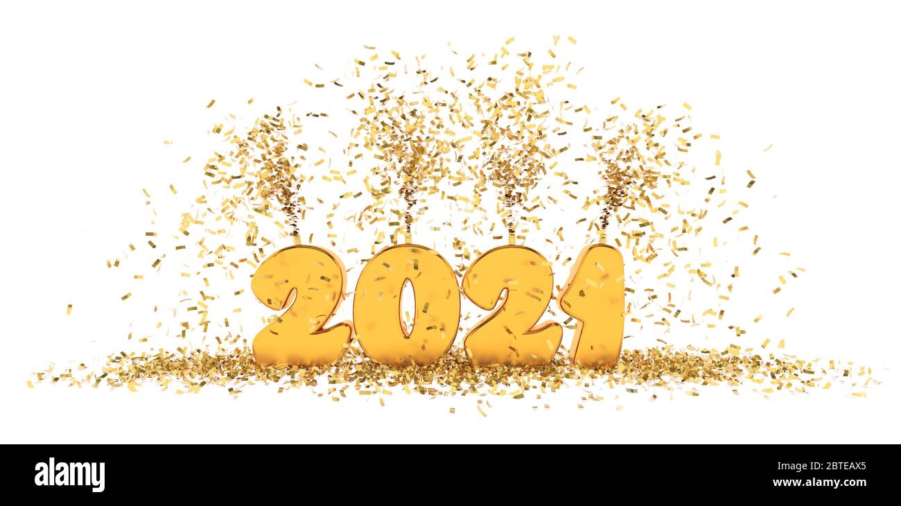Bonne année 2021 lettres d'or 3D rendu fond blanc Banque D'Images