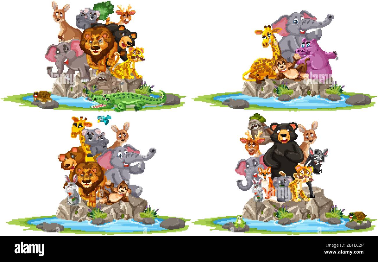 Groupe d'animaux sauvages posant sur un personnage de dessin animé en pierre sur fond blanc Illustration de Vecteur