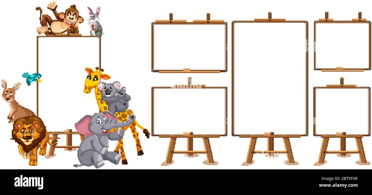Personnage de dessin animé d'animaux sauvages et bannière vierge sur fond blanc Illustration de Vecteur