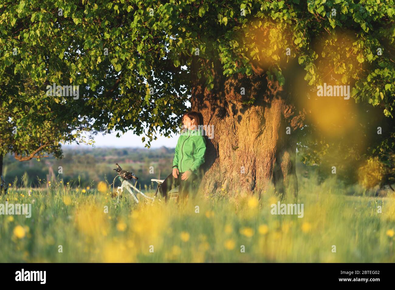 Une fille solitaire est assise sous un grand vieux arbre près d'un vélo. Paysage d'été vert en contreface de la ville Banque D'Images
