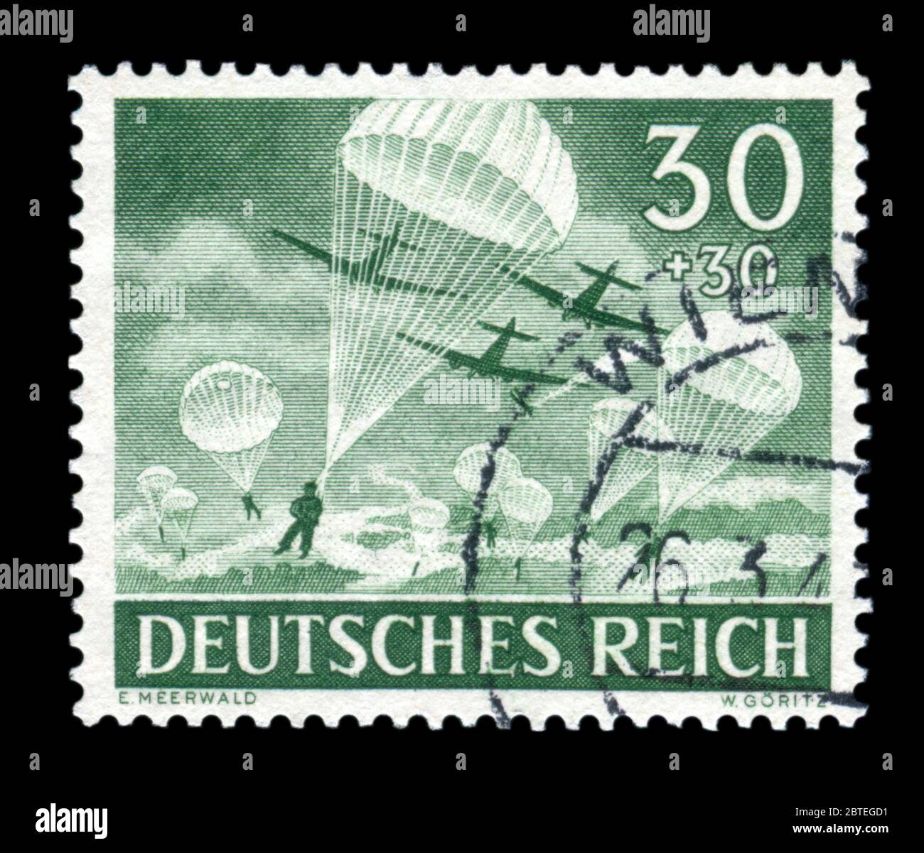 Timbre : historique allemand de la Wehrmacht Parachutistes Parachute en avion de transport avec Junkers Ju 52, numéro 1943, jour commémoratif de l'Allemagne, LE DR Banque D'Images