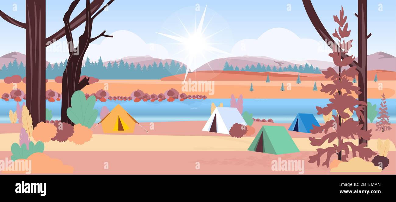 Vecteur d'une forêt avec des tentes dans une zone de camping au bord du lac avec paysage d'automne nature arrière-plan avec des montagnes. Illustration de Vecteur