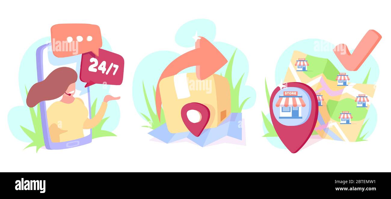 Boutique en ligne, livraison de produits et assistance client via le concept de technologie moderne Illustration de Vecteur