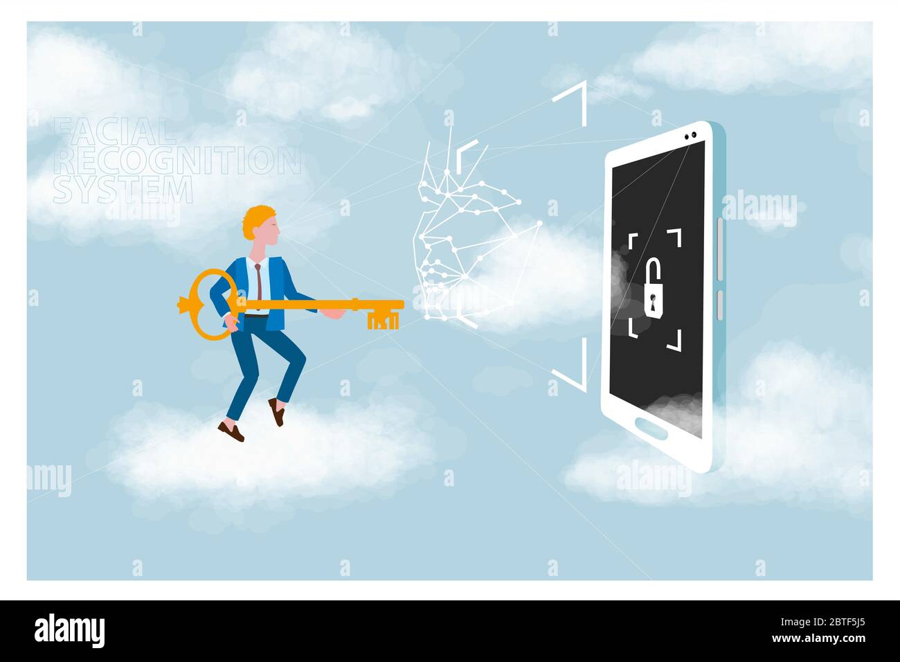 Déverrouillage des données personnelles et stockage dans le cloud des mots de passe utilisateur, concept. Caractère sur le cloud avec une clé de smartphone. Illustration de Vecteur