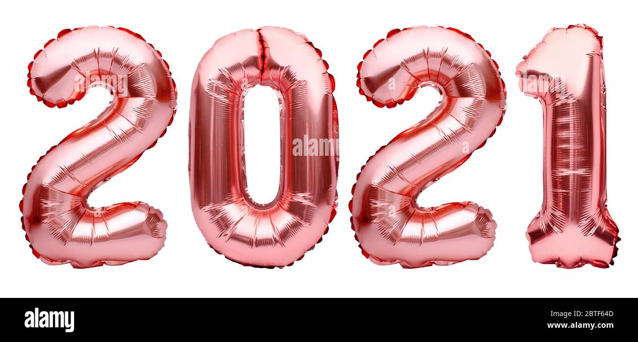 Les chiffres pour la bonne année 2021. Rose doré Noël 2021 ballons isolés sur fond blanc. Ballons à hélium, numéros de feuilles d'or rose. Fête Banque D'Images