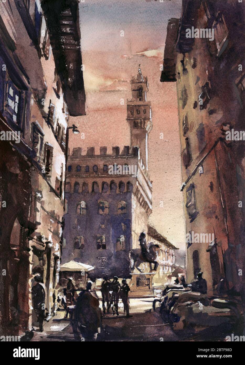 Peinture aquarelle du clocher du Palazzo Vecchio dans la ville médiévale de Florence, en Italie. Banque D'Images
