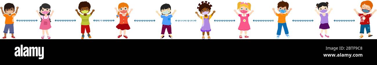 Diversité Groupe d'enfants multiethniques et multiraciaux qui se portent et se protègent avec des masques médicaux et respectent la distance sociale. Illustration de Vecteur