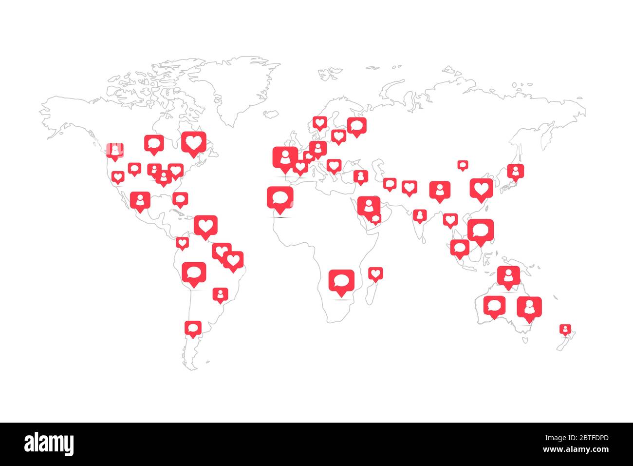 Carte mondiale avec de nombreuses icônes de commentaires et de goûts sociaux sur blanc Illustration de Vecteur