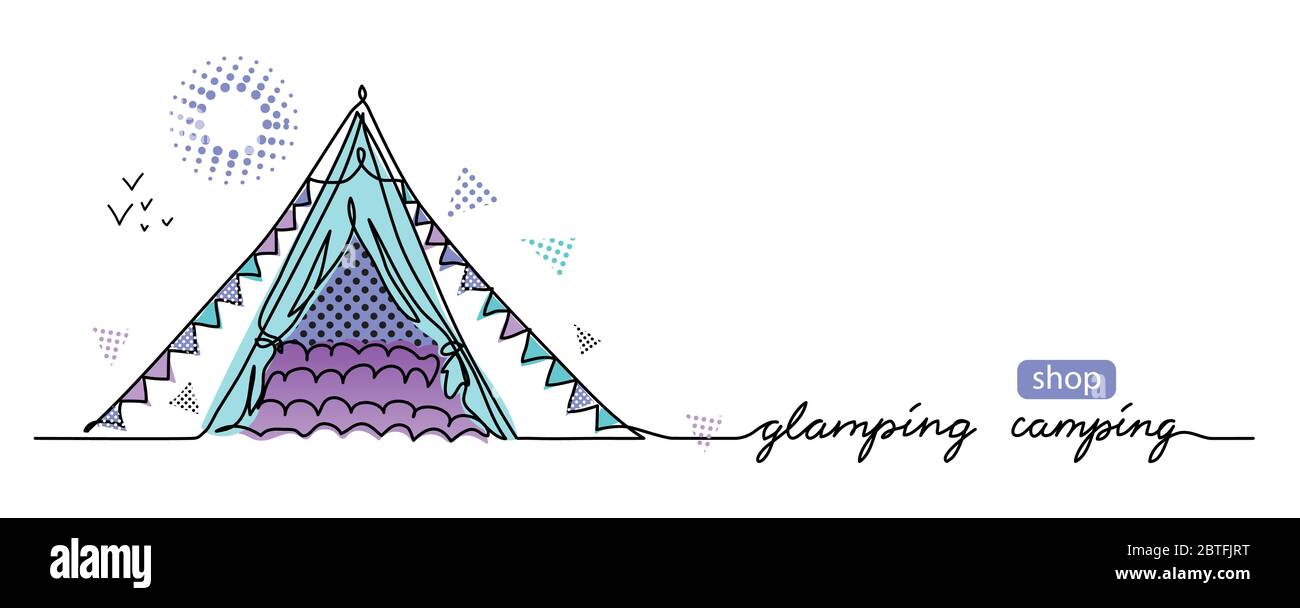 Concept de camping glamour. Tente vectorielle, bannière web camp simple. Lettrage camping glamping. Croquis illustration, arrière-plan, affiche, banner.One Illustration de Vecteur