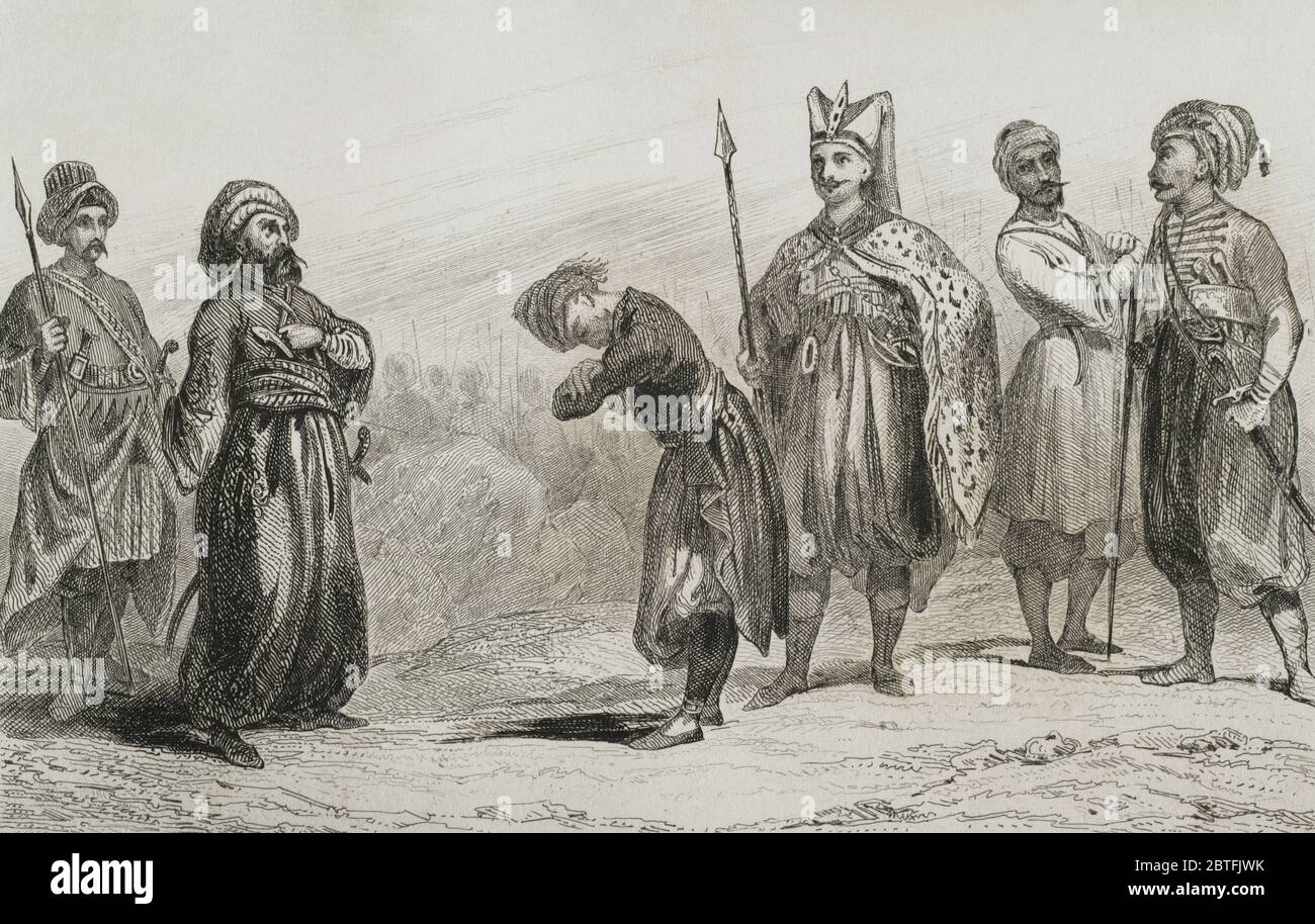 Turquie. Empire ottoman. Troupes de l'armée turque. De gauche à droite : Chattir, Pasha, milicien, Harbagi, soldat égyptien et autre milicien. Gravure par Lemaitre, Lalaisse et Chaillot. Historia de Turquia de Joseph Marie Jouannin (1783-1844) et Jules Van Gaver, 1840. Banque D'Images