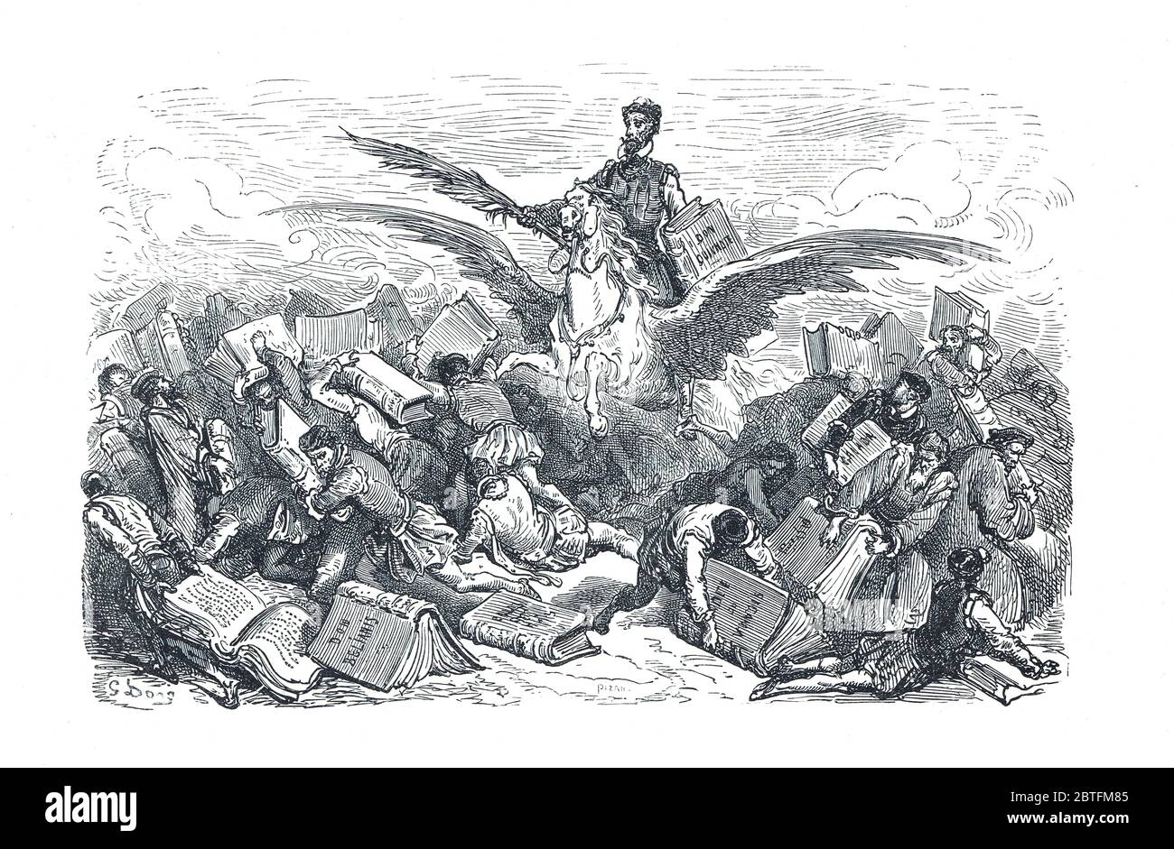 Don Quichotte à cheval à ailes. Illustration de la préface de l'auteur au lecteur par Gustave Dore Banque D'Images