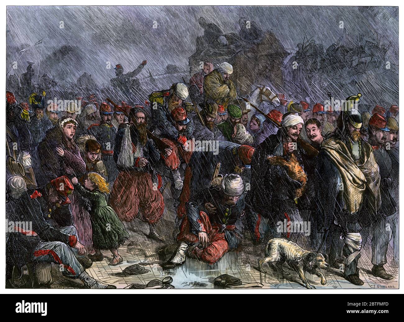 Retraite française de la Loire, guerre franco-prussienne, 1870. Coupe de bois de couleur main Banque D'Images