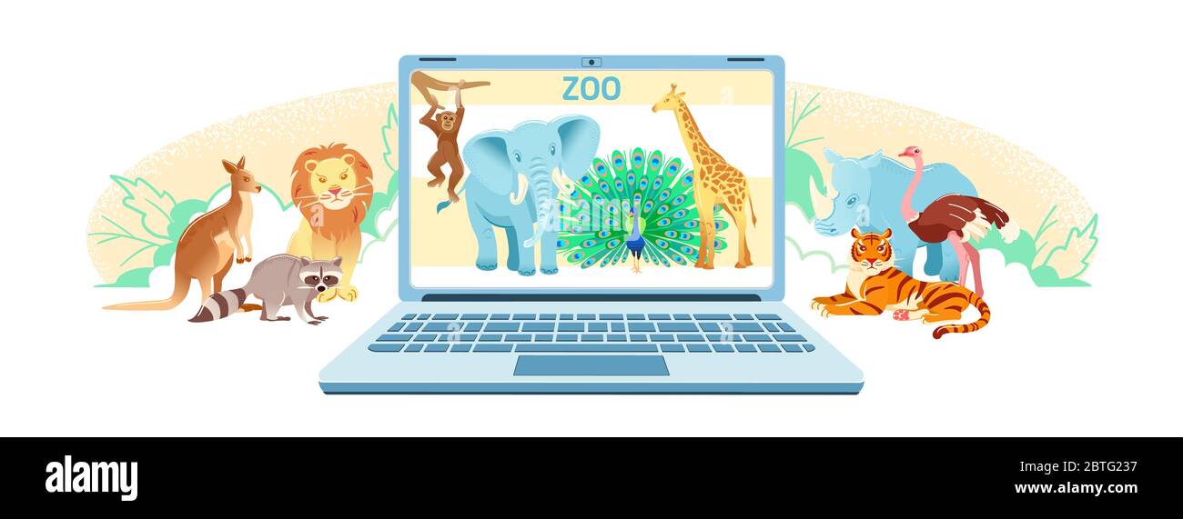 Illustration de la visite virtuelle du zoo en ligne. Traduction de caméra en direct d'animaux sur ordinateur portable. Bannière web de dessin animé Safari isolée sur fond blanc. Affiche vectorielle de paysage de parc animalier. Site panoramique animaux. Illustration de Vecteur