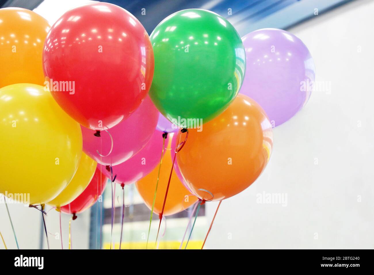 Ballons à l'hélium avec rubans dans le bureau. Décor coloré pour les fêtes d'anniversaire, les fêtes d'entreprise, les anniversaires et les vacances des enfants Banque D'Images